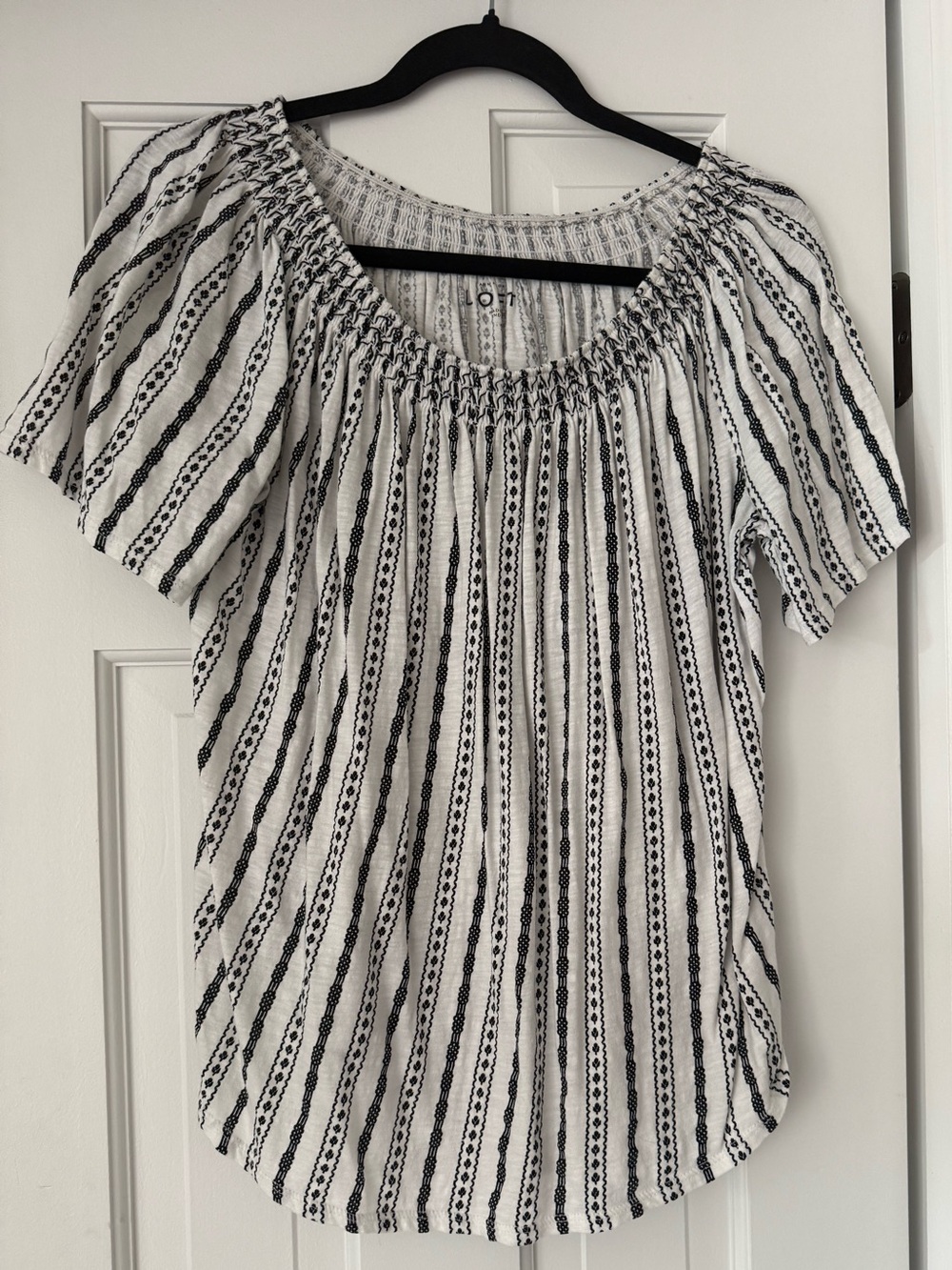 LOFT Black White Striped Peasant Blouse Smocked Neck Women’s Size Small